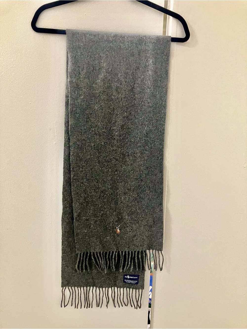 Polo Ralph Lauren Scarf 100% Lambswool Heather Gray Fringe Made In Italy Pony